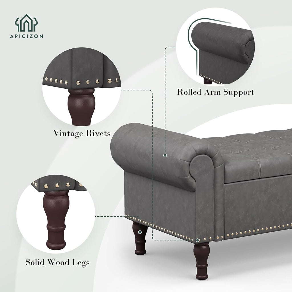 51" Bench with Storage, Upholstered Tufted Button Bedroom Bench with Storage, Faux Leather End of Bed Bench with