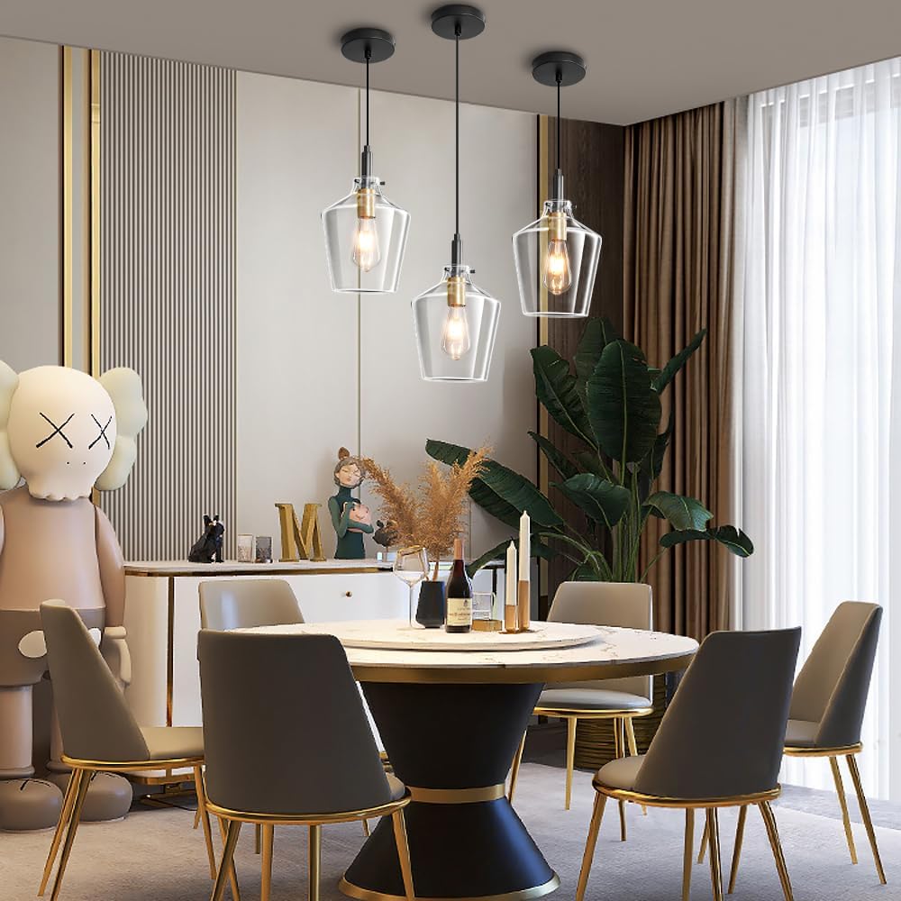 Modern Glass Pendant Lighting for Kitchen Island, Farmhouse Black and Gold Pendant Light Fixtures 1 Pack, Adjustable