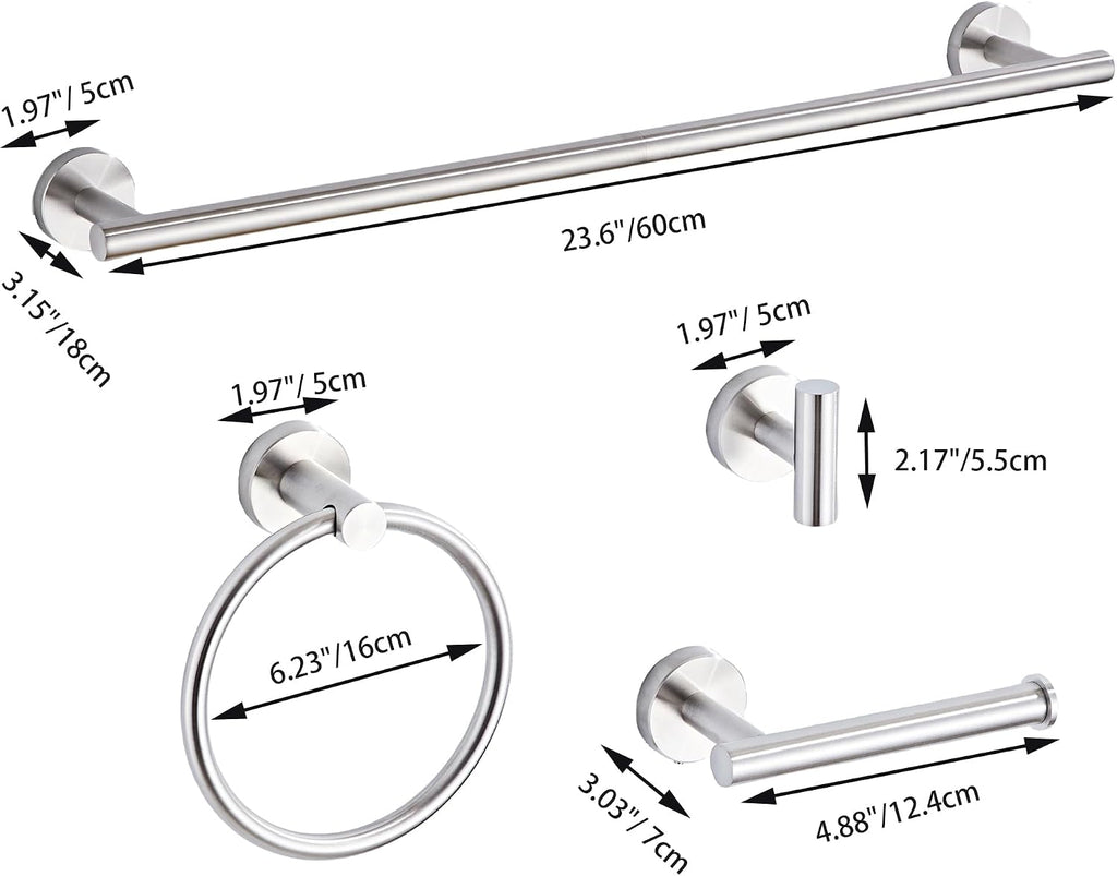 Brushed Nickel Bathroom Hardware Set 5 Piece with Towel Racks , SUS304 Stainless Steel Bath Towel Bar Set, 24 Inch