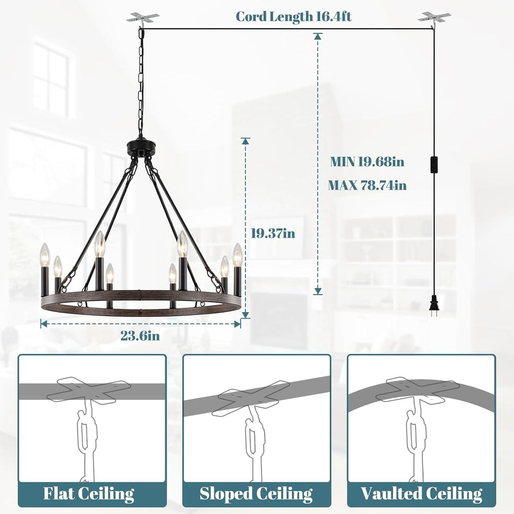 Plug in Chandelier Wagon Wheel, 8 Light 23.6'' Round Farmhouse Hanging Light with Plug in Cord