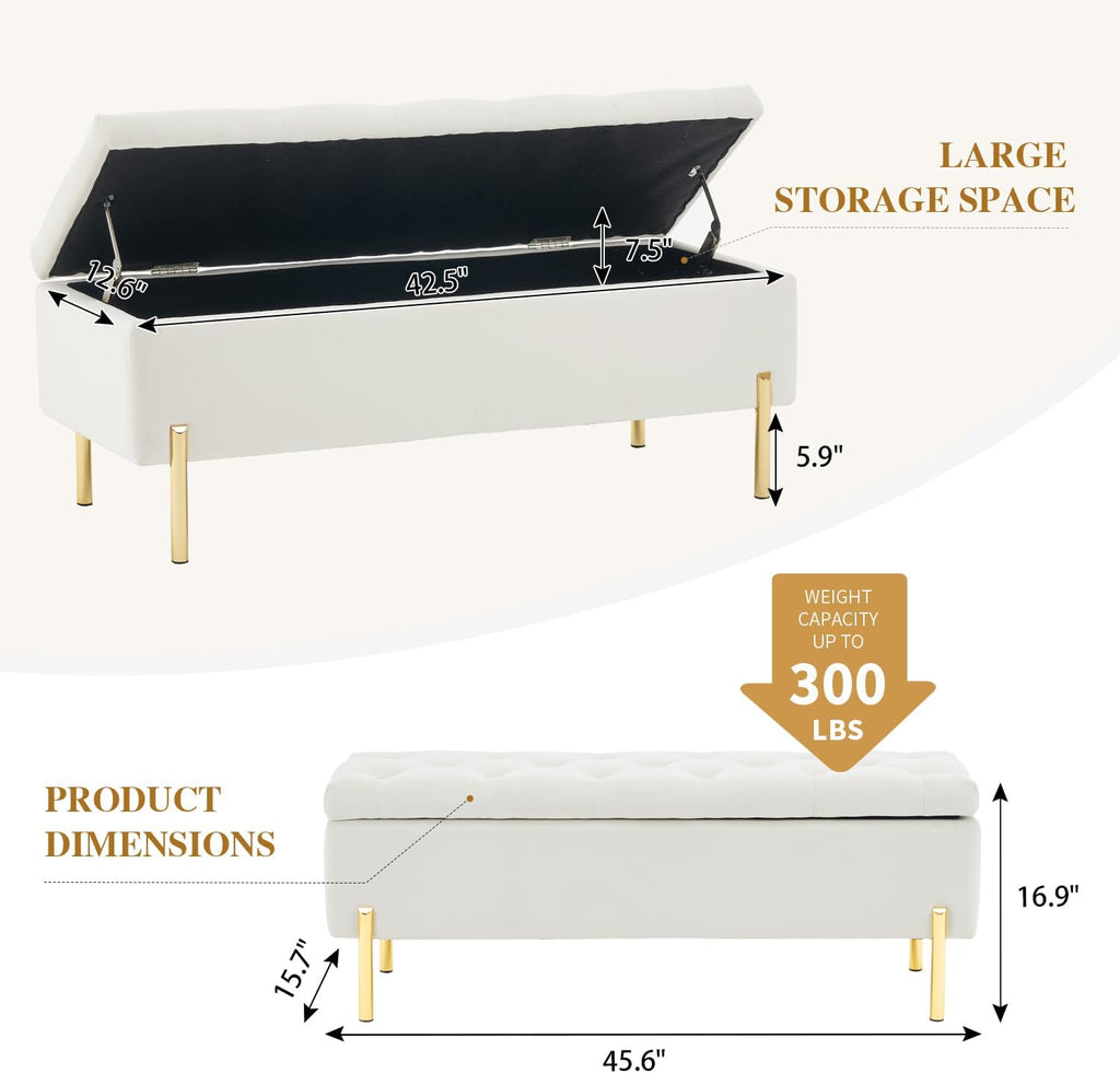 Velvet Storage Bench Ottoman,Versatile Seating with Hidden Storage,End of Bed Bench,Tufted Bench ,Ivory