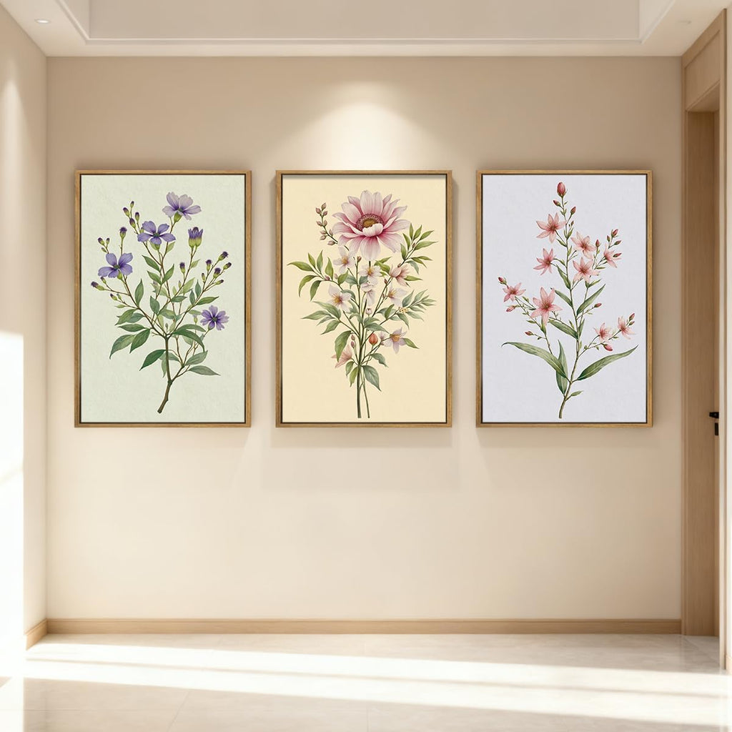 Boho Floral Canvas Wall Art, Framed Minimalist Beige Wildflower Wall Decor, Neutral Botanical Painting 16x24 Inch Set