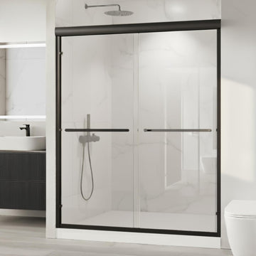 Shower Doors, 56 - 60" W x 72" H Sliding Glass Shower Door, Matte Black Aluminum Frame