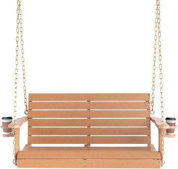 4 FT HDPE Porch Swing Outdoor with Rotatable Cup Holder, Teak | Recycled Plastic Porch Swing with Ergonomic Design