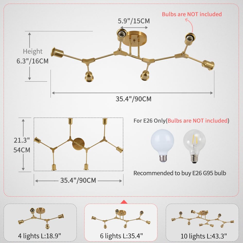 Modern Mid Century 6 Light Semi Flush Mount Ceiling Lighting Fixture for Living Room Bedroom Dining Room Hallway