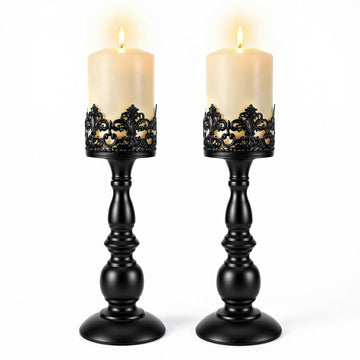 2PCS Candle Holders for Pillar Candles Gothic Matte Black Vintage Tall Candle Holders Set Table Centerpiece Set Iron