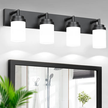 Bathroom Light Fixtures, Matte Black Bathroom Lighting Fixtures Over Mirror, Modern Vanity Light with White Glass