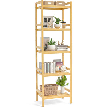 5-Tier Bamboo Shelf, 56"H Adjustable Narrow Bookshelf and Bookcase