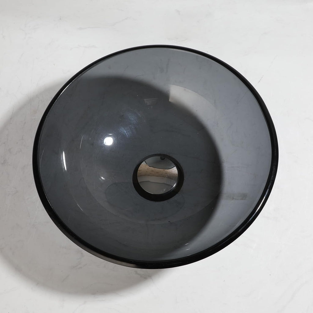 12 Inch Round Bathroom Sink Bowl with Drain Combo,Clear Black Glass Vessel Sink Basin Above Counter Tempered Glass Sink