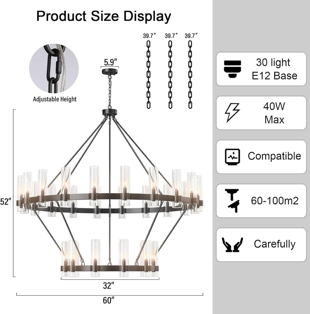 Inspired Ravelle Style Wagon Wheel Chandelier, 30-Lights Black Chandelier with Glass Shade,60 Inch Large Round Industrial High Ceilings Pendant Lighting Fixture for Dining Room, Living Room, Kitchen Island, Foyer