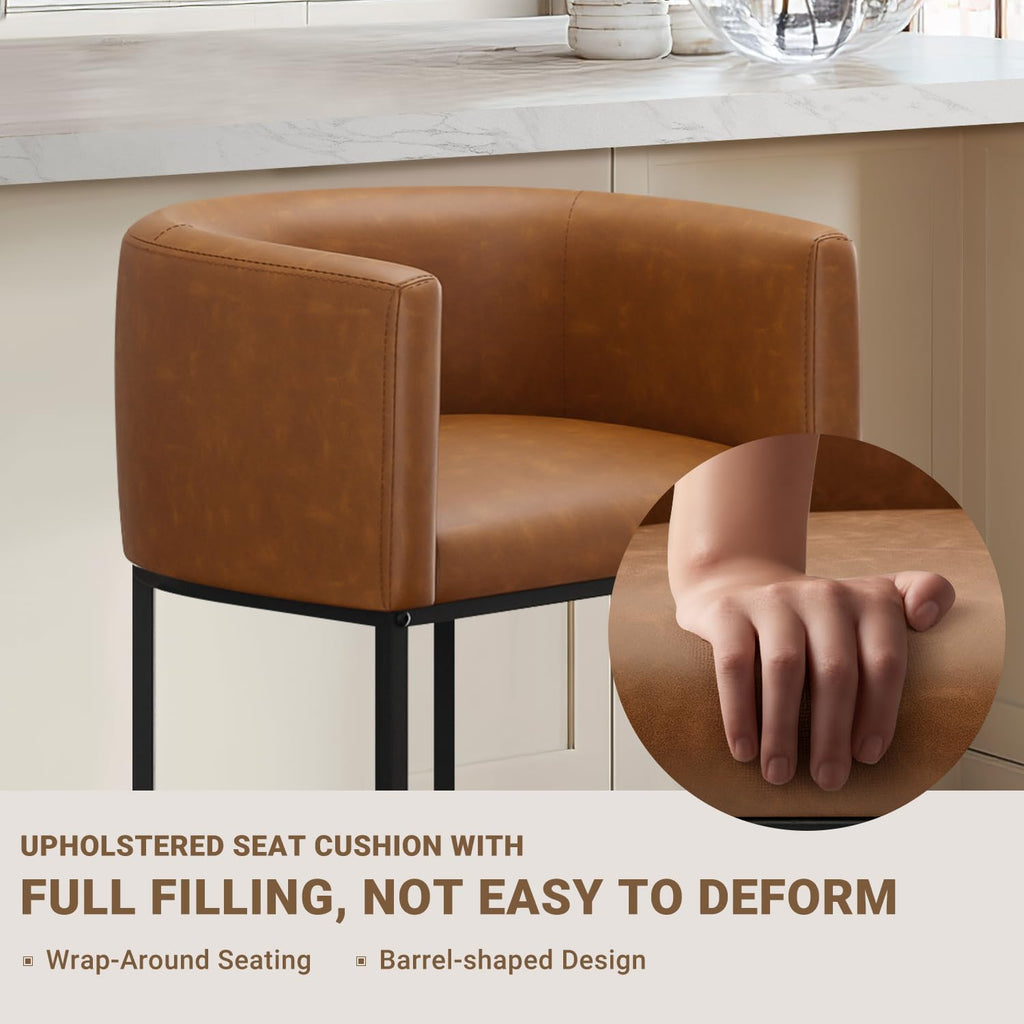 26" H Counter Height Bar Stools Set of 3, Modern Barrel Counter Stools with Backrest and Arms, Faux Leather