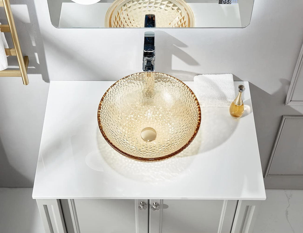 Pearl Series Glass Vessel Sink In Gold Top Raindrop Mount Sinks Above Countertop | Vanity Countertop Sink Bowl with Pop Up Drain | FW-LA625