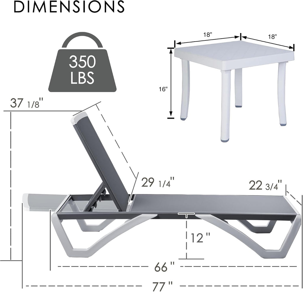 3-Piece Outdoor Chaise Lounge Set Fully Flat Adjustable Lounger | Aluminum Frame & Resin Legs, Textilene Fabric Gray