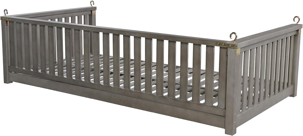 Porch Daybed Swing Outdoor Wooden Swing Bench, Patio Hanging Swing Chair Swinging Bed for Garden, Backyard, Deck, Grey