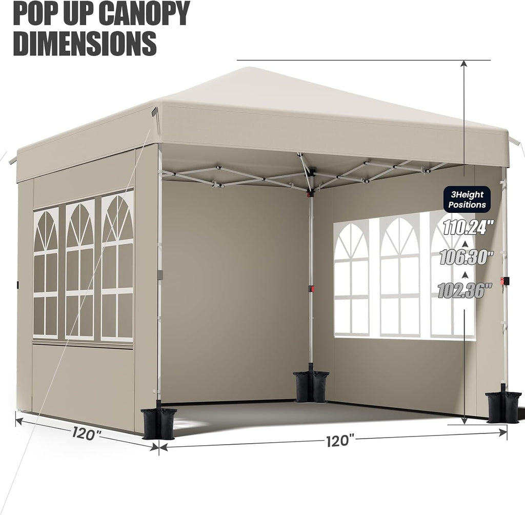 10x10 Pop Up Canopy Tent,Outdoor Canopy with One Push Setup,Easy Up Canopy with 3 Sidewalls & 4 Sandbags