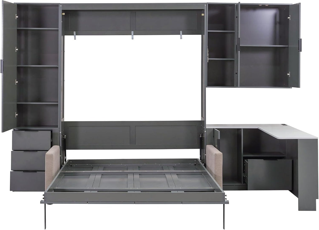 Wall Murphy Bed Queen with Drawers, LED Lights, Desk, USB Ports and Green Sofa for Bedroom, Black