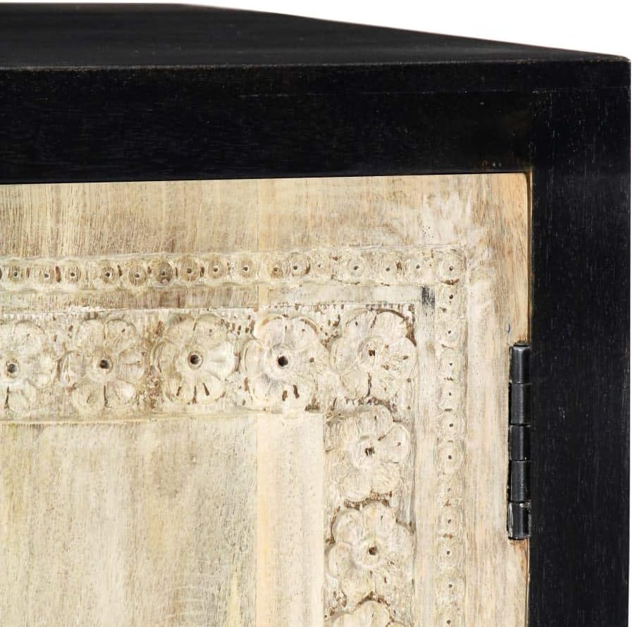 Hand Carved Side Cabinet, Solid Mango Wood Accent Storage Chest with 3 Drawers and 1 Door, Decorative Bedside