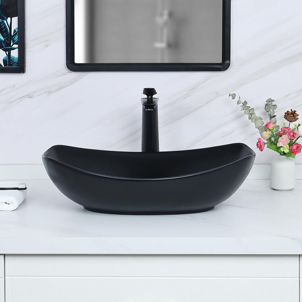 22" x 15.7'' Large Matte Black Oval Vessel Sink with Pop Up Drain,Bathroom Vessel Sinks,Bathroom Sinks Above
