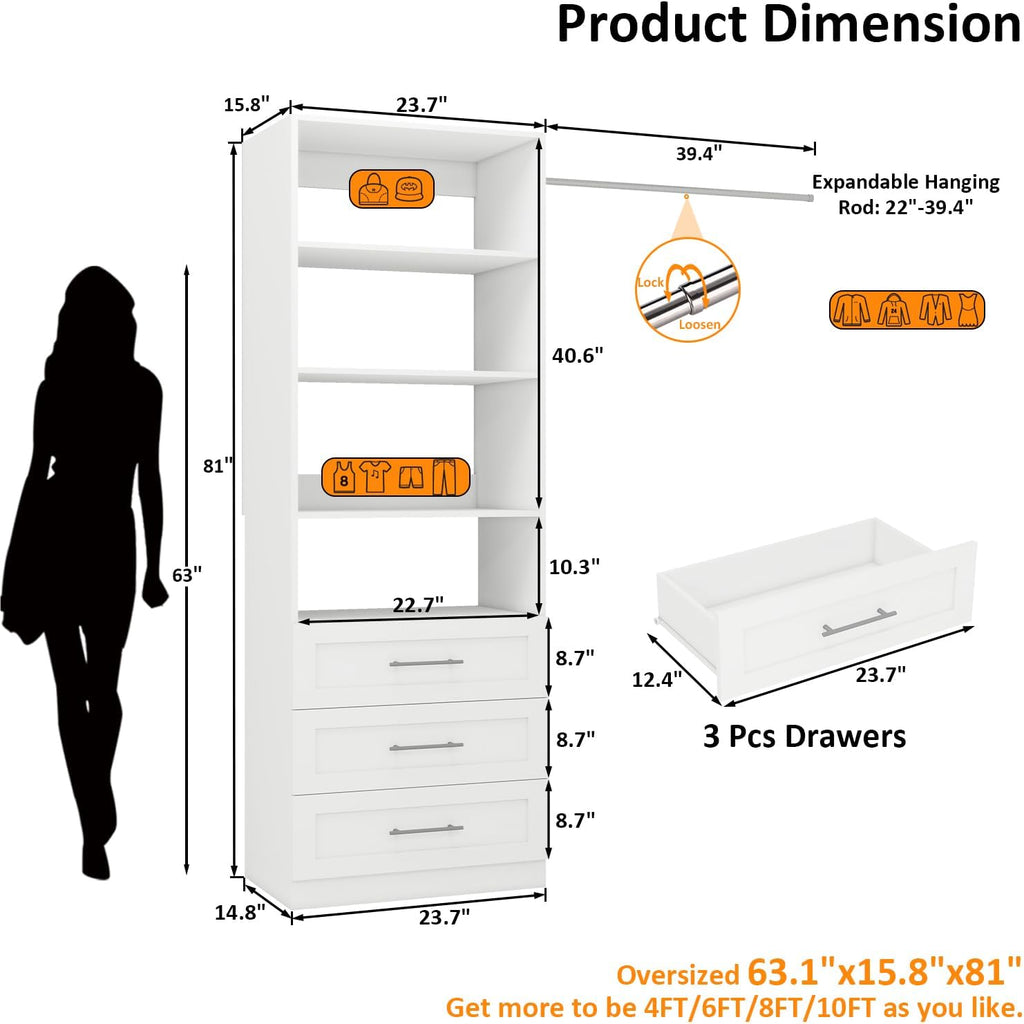 Closet System with 3 Drawers and Shelves, Closet Organizer System, Walk In Closet System, White(VO-008)