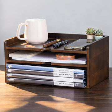 Wooden Desk Organizer with File Sorter, Stackable Paper Tray & Mail Holder | Solid Wood, No Assembly | 2-in-1 Tray &