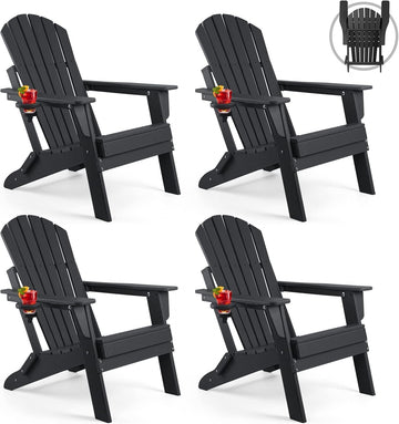 Folding Adirondack Chair Set of 4, Fire Pit Chairs with Cup Holder | HDPE All Weather, Quick-Folding, No Rot or Rust