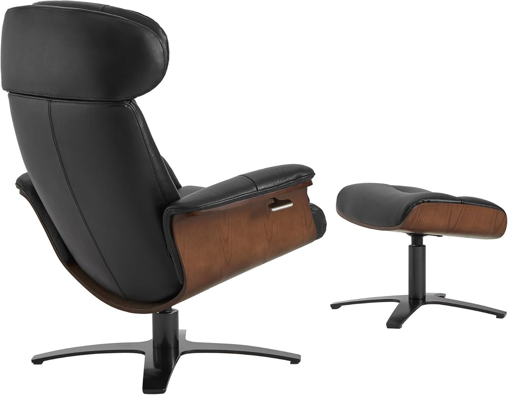 Modern Reclining Swivel Lounge Chair and Ottoman — Black Genuine Leather