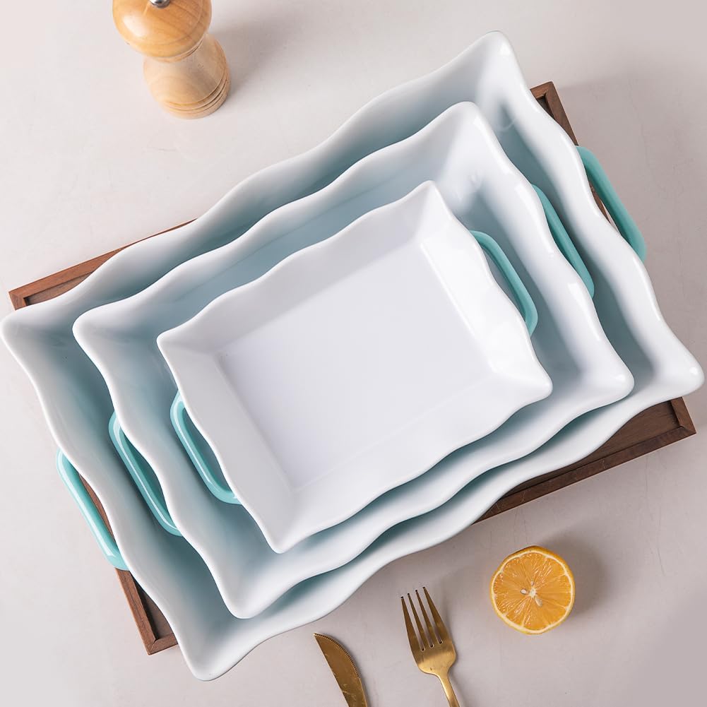 Casserole Dishes for Oven, Ceramic Bakeware Set of 3, Rectangular dish with Handles, Wave Edge Lasagna Pan Deep for