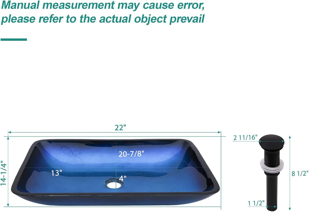 22"×14.25" Vessel Sink, Bathroom Sink Above Counter Amber Blue Gradient Tempered Glass Bowl Square Sink for Bathroom, Tempered Glass Vessel Sink with Pop-up Drain (no Faucet)