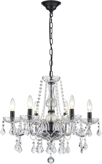 Crystal Chandelier Light Fixture, Modern K9 Crystal Chandeliers for Dining Room, 6-Lights Black Ceiling Light, Adjustable Hanging Pendant Light Fixture for Living Room Entryway Kitchen Island Hallway