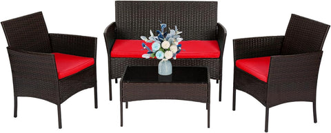 4 Pieces Wicker Patio Conversation Set Patio Furniture Set with Rattan Chair Loveseats Coffee Table for Outdoor Indoor Garden Backyard Porch Poolside Balcony,Brown Wicker/Red Cushions A106-B0BMPVCLBP