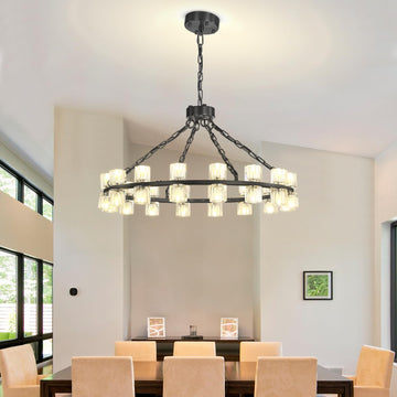 Inspired Arcachon Style Round Wagon Wheel Chandelier, 32" 32-Light Black, Extended 32" Chain — Foyer, Dining & Living Room