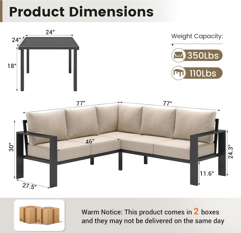 6-Piece L Shaped Outdoor Sectional Sofa, 6" Thick Cushion | Olefin Fabric Fade Resistant, Wide Armrest & Coffee