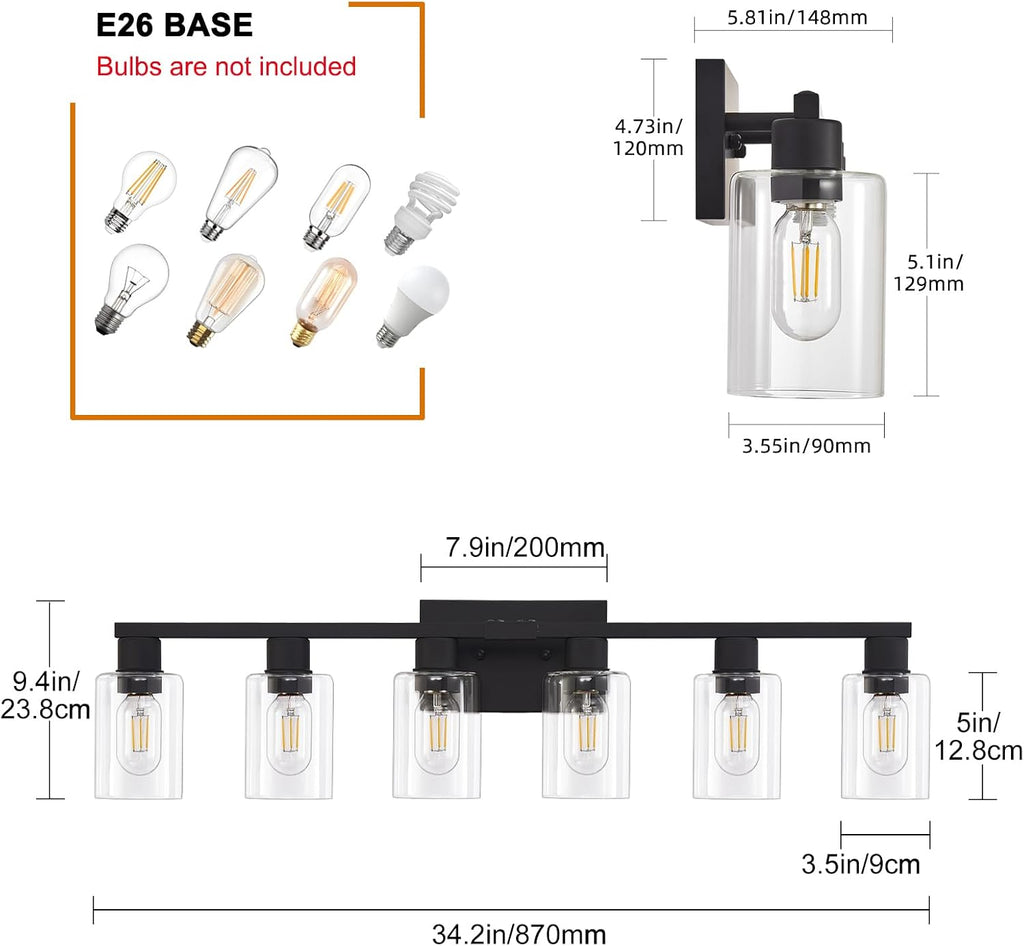 6 Light Bathroom Vanity Light, Matte Black Vanity Light Fixtures, Large Vanity Lights , Farmhouse Light Fixtures with