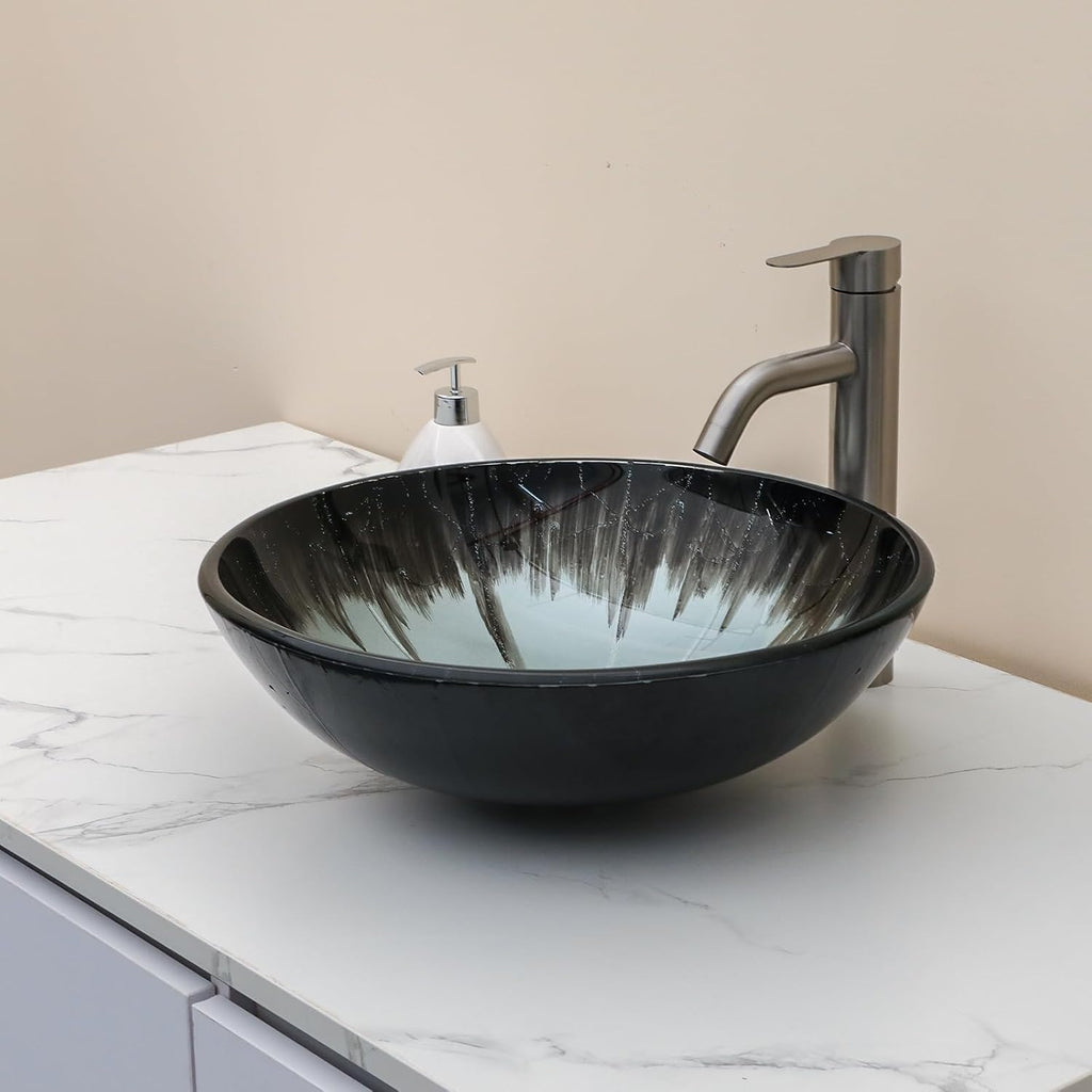 Artistic Vessel Sink Bathroom Vessel Sink Round Brown Tempered Glass Vanity Round Bowl With Pop-up Drain 16-1/2