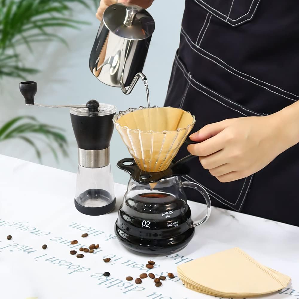 Pour Over Coffee Maker Set, Manual Coffee Kit with 600ml Gooseneck Kettle, Filter Holder, Glass Server & Paper