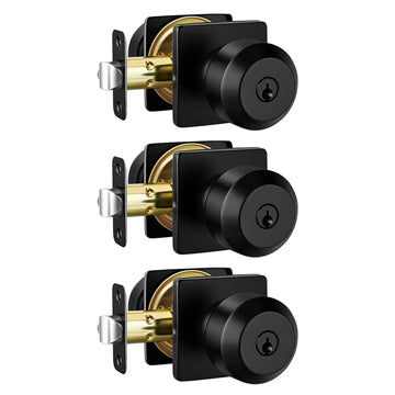 Matte Black Keyed Alike Exterior Door Knob, Front Door Knob with Lock and Key, Black Door Knobs Exterior 3 Pack