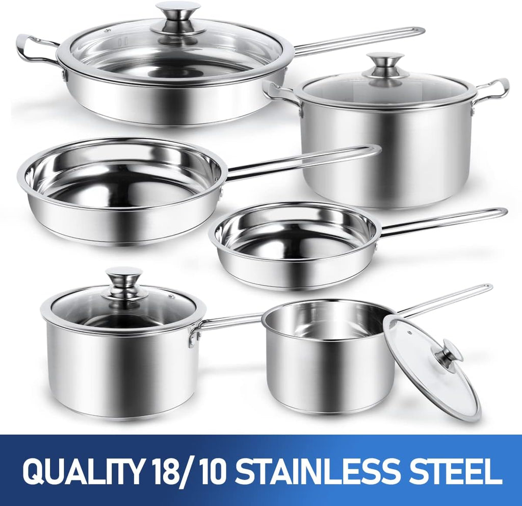 10-Piece Pots and Pans Set, Stainless Steel Cookware Set- Includes Ergonomic Handle Saucepans, Skillets, Dutch Oven