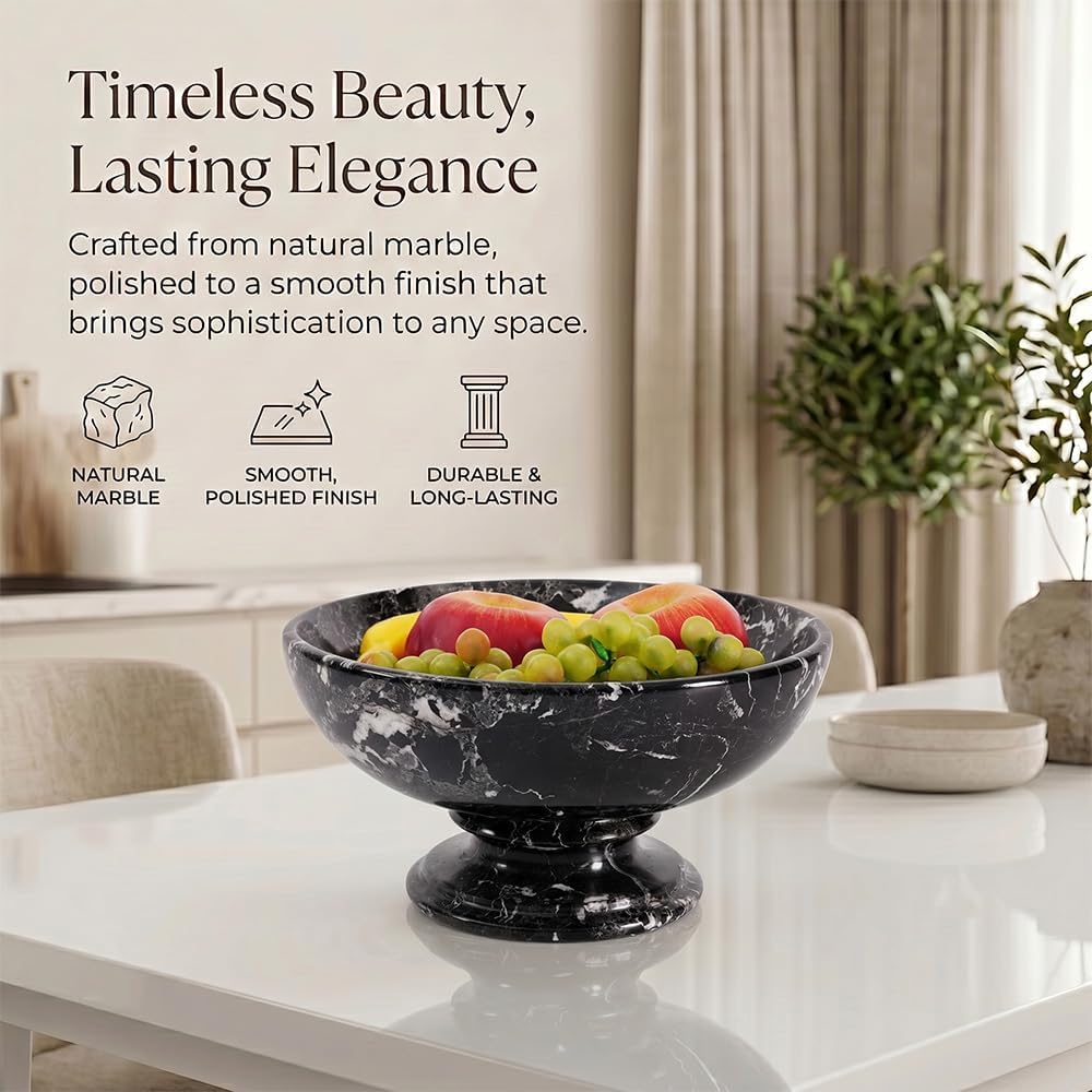 Marble Fruit Bowl Counter 10" Inches Black Decorative Bowl Table, Ideal Key Holder, Candy Dish and Marble Pedestal