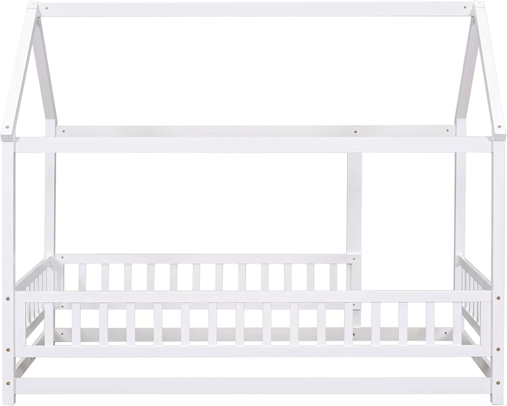 Twin Size House Floor Bed,Wooden Montessori Bed with Fence and Roof for Kids,Twin Bed Frame for Boys,Girls(Twin,White)