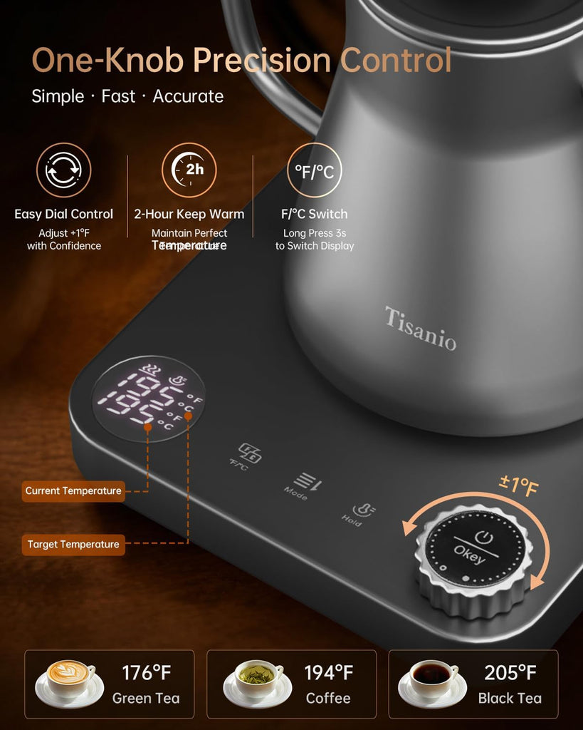 Gooseneck Electric Kettle with Temperature Control, 0.9L, Gray Wood