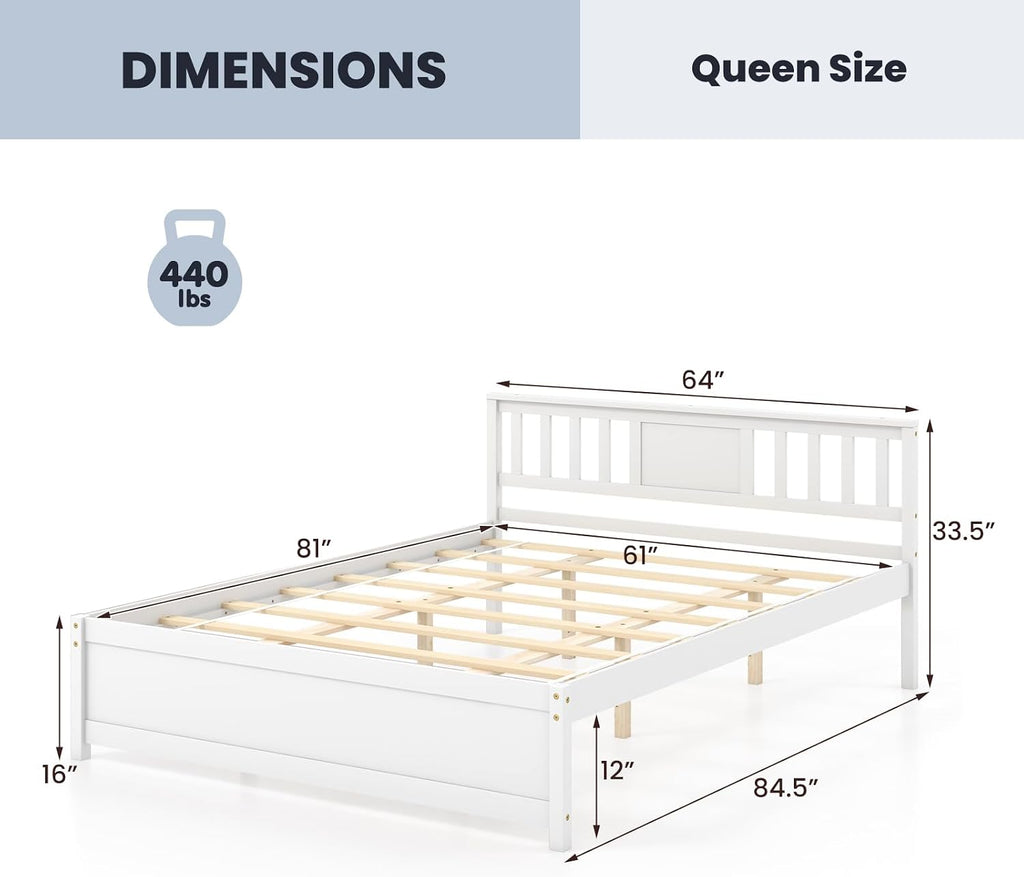 Queen Solid Wood Platform Bed Frame, Mid Century Queen Bed Frame with Headboard, Wooden Slat Support, Queen Panel