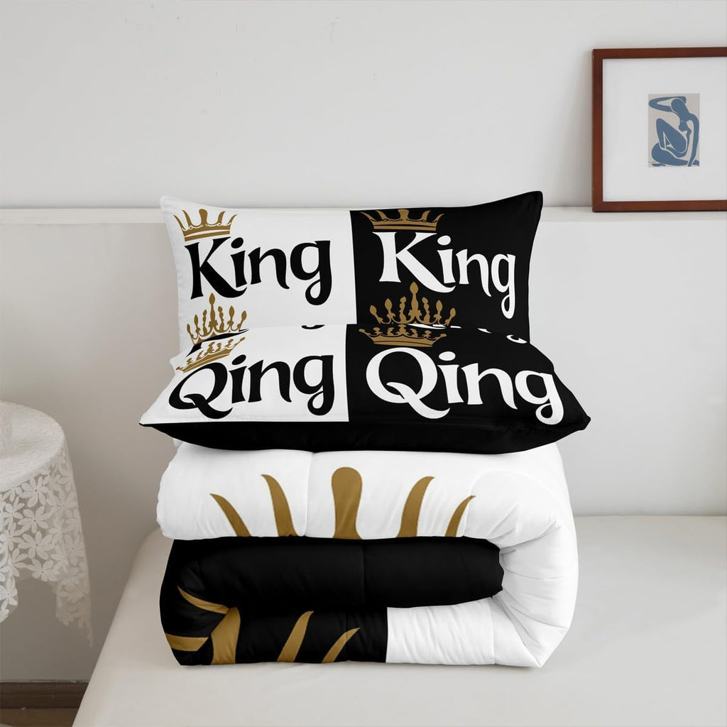 King and Queen Crown Comforter Set Black White Couple Bedding Set for Adult Women Men,His Her Mr Mrs Quilt