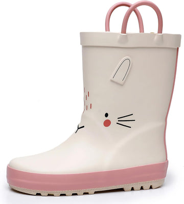 Toddler and Kids Rain Boots with Easy-On Handles, Unisex-Child Waterproof Rubber Rain Boots in Fun Patterns for Girls