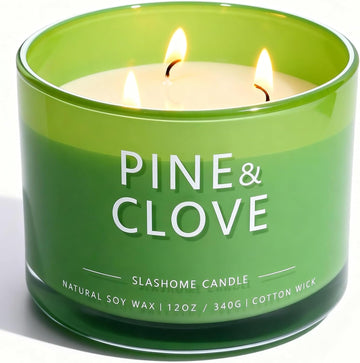 Pine & Clove Scented Candle, Luxury Large 3 Wick Soy Candle 12 Oz, 60+ Hour Long Lasting Clean Burn, Elegant