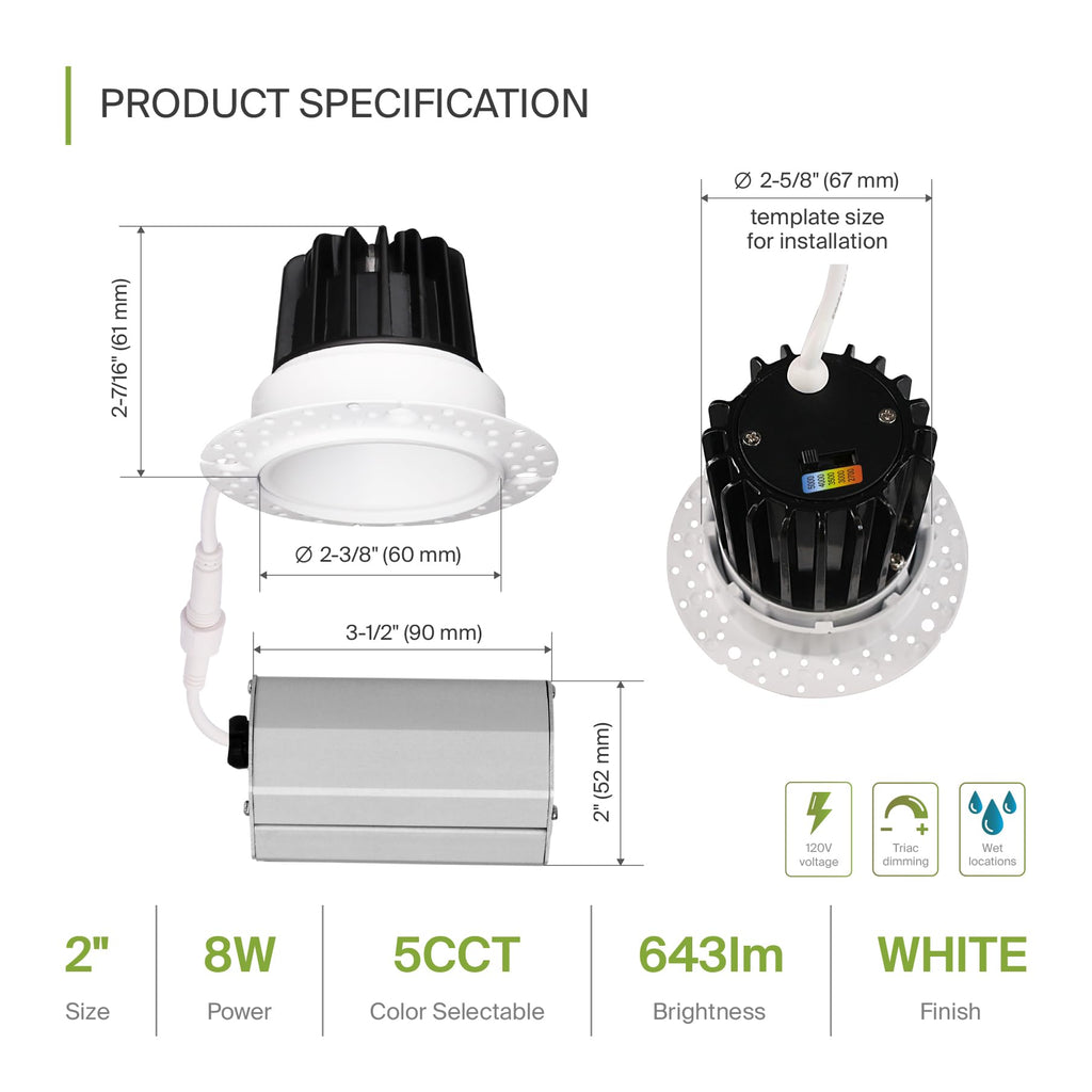2 Inch Trimless LED Recessed Ceiling Light Fixture, Mud-in Canless Downlight with Junction Box, 5CCT 2700K-5000K, 8W