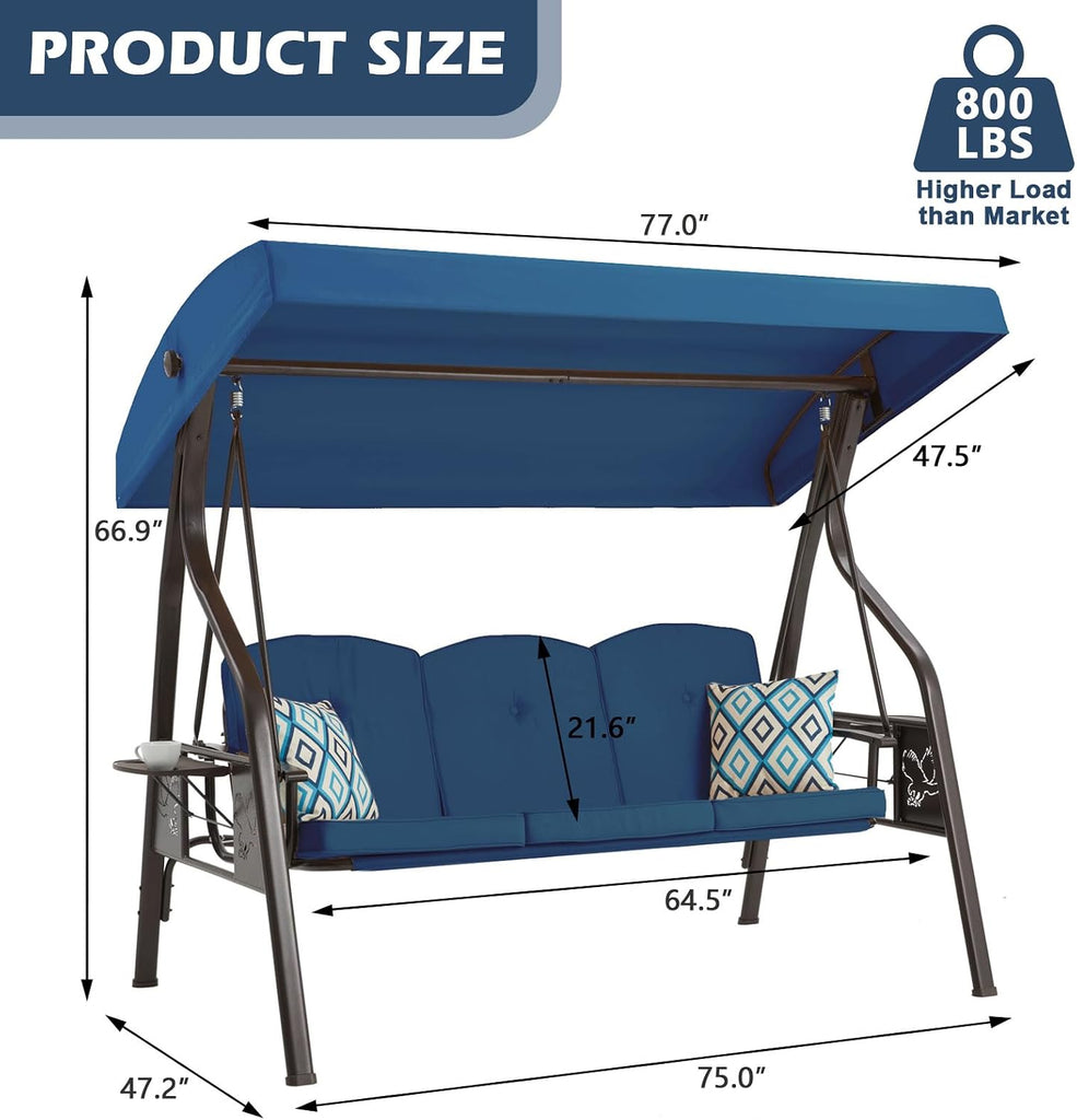 3-Seat Outdoor Porch Swing with Stand, Patio Swing with Canopy, 2 in 1 Porch Swing Bed & Patio Swing Chair for Adult