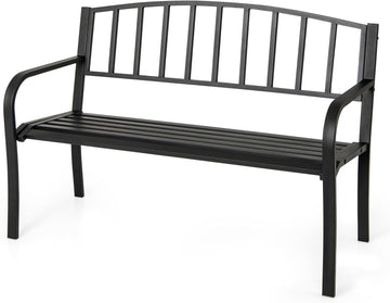 Metal Outdoor Bench, Patio Garden Bench with Backrest, Curved Armrests, Slatted Seat for 2-3 Persons, 660 LBS