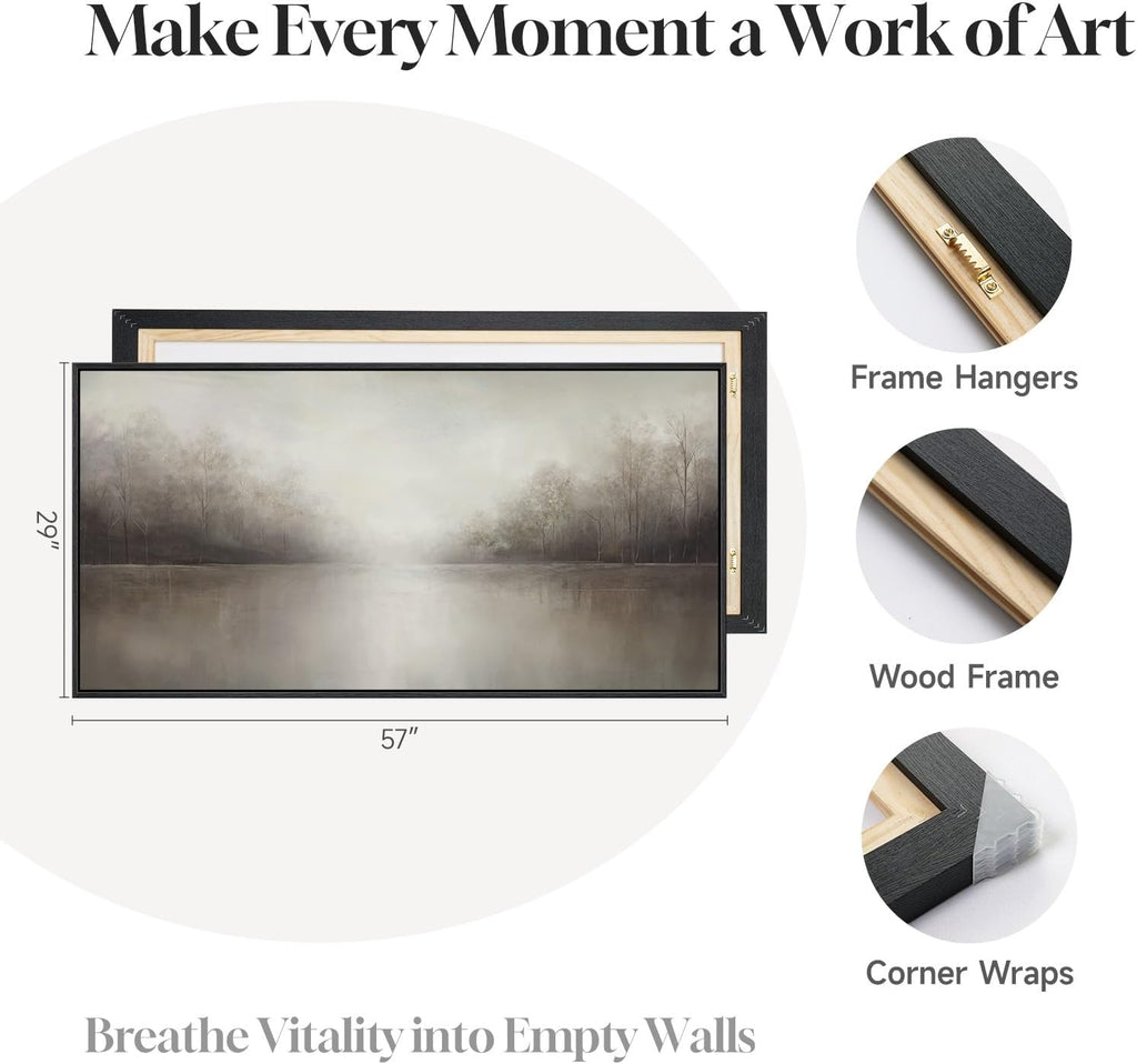 Framed Abstract Landscape Wall Art , Extra Large Brown Misty Lake Trees Canvas Artwork for Walls, Horizontal
