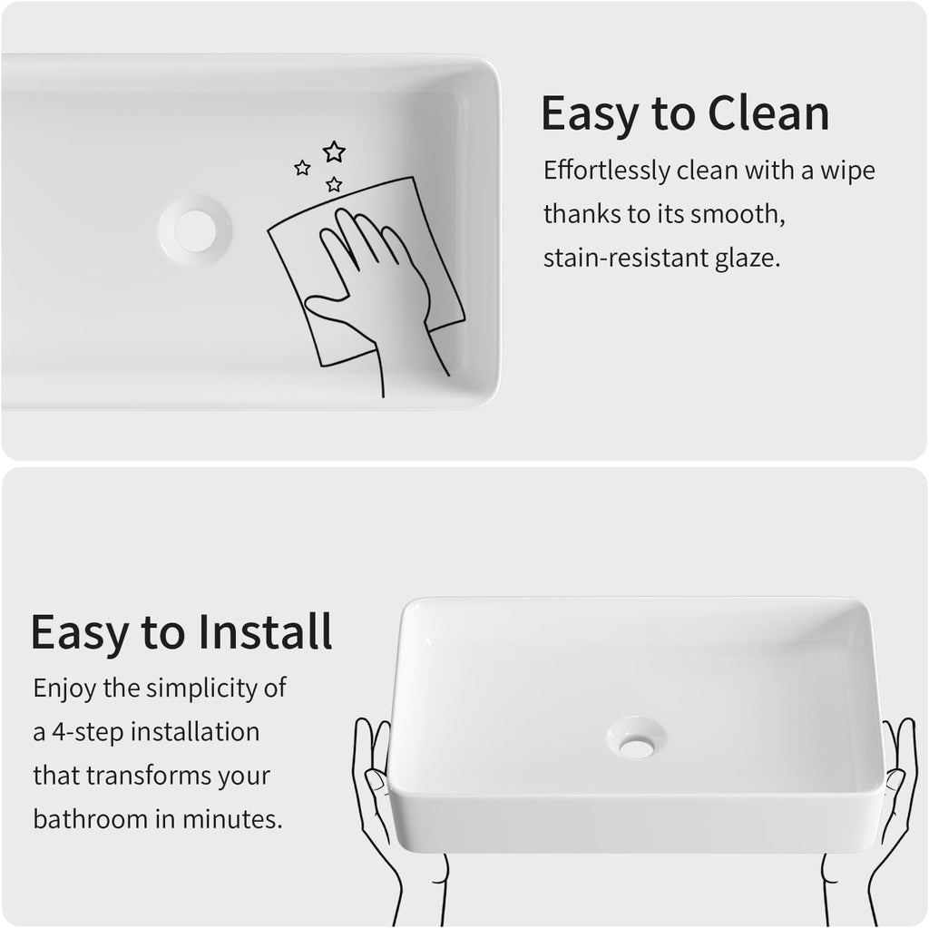 Rectangle Vessel Sinks for Bathrooms: 24 Inch Large Bathroom Vessel Sink, Modern White Porcelain Bathroom Sink