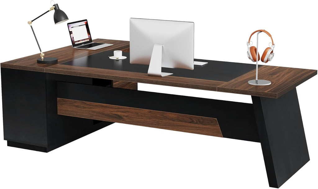 78" L-Shaped Executive Desk, Large Office Desk with Drawers and File Cabinet, Modern Business Furniture (Walnut & Black)
